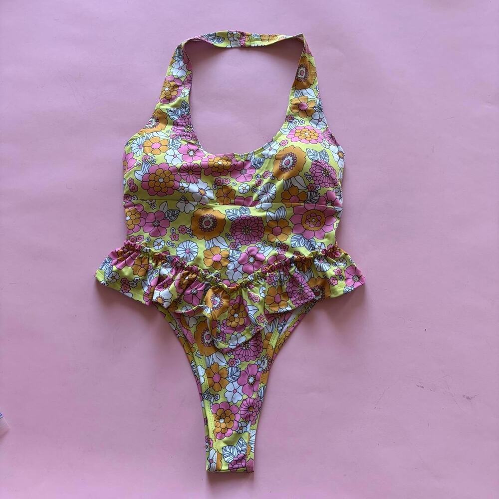 Fashion Brand Company Yellow Pink Floral Thong Bathing Suit with Skirt!